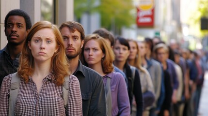 Obraz premium Line of people outside unemployment office, reflecting the challenges and resilience of individuals facing economic hardship, community solidarity in uncertain times.