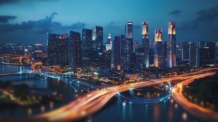Fototapeta premium Smart Innovation city with connection cyber security network reciprocity over the cityscape . future wireless digital city and social media networking systems that connects people with in the city