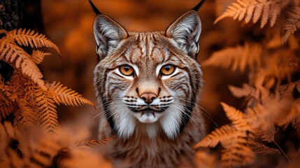 Obraz premium Close-up portrait of a lynx amidst autumnal ferns.