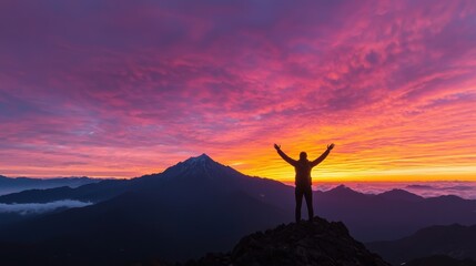 A silhouette of a person stands triumphantly on a mountain, surrounded by vibrant hues of a sunset sky.