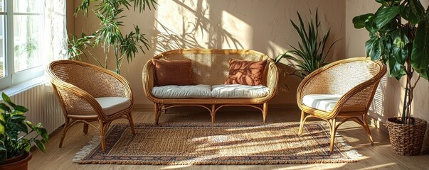 A cozy living room setup featuring wicker furniture, decorative cushions, and lush plants, creating a warm and inviting atmosphere.