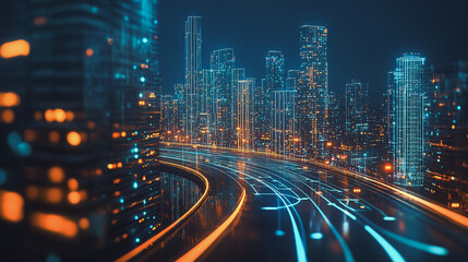 Naklejka premium Smart digital Innovation city with connection network reciprocity over the cityscape. of future smart wireless digital city and social media networking systems that connects people with in city