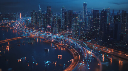 Fototapeta premium Smart digital Innovation city with connection network reciprocity over the cityscape. of future smart wireless digital city and social media networking systems that connects people with in city