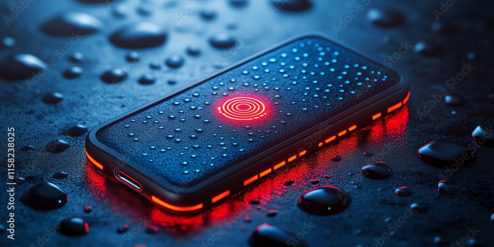 Poster a smartphone with droplets on its surface, featuring a glowing fingerprint sensor.