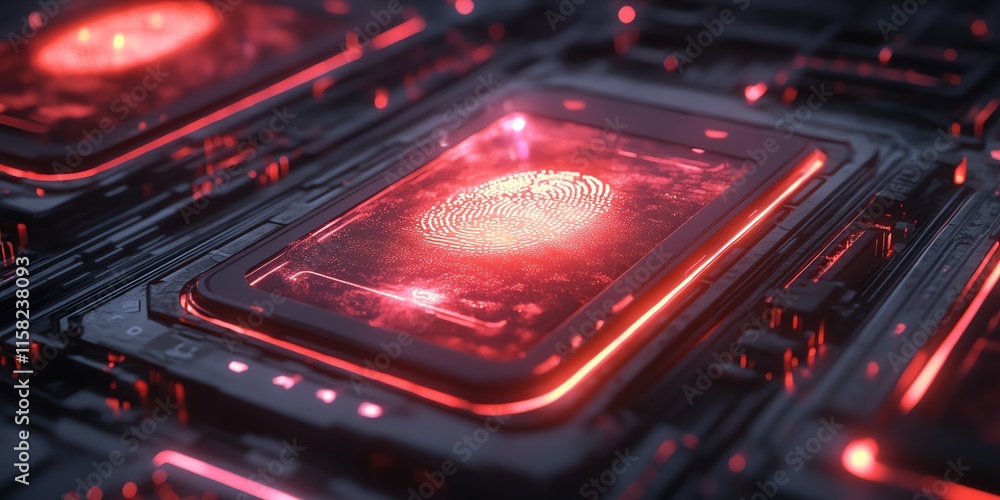 Poster A futuristic interface displaying a glowing fingerprint on a tech-inspired background.