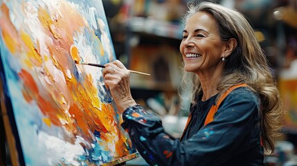 Obraz premium A cheerful woman is painting on canvas using a brush and paints.