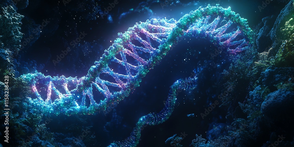 Poster a vibrant, glowing dna double helix structure set in a mystical underwater environment.
