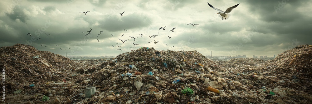 Poster seagulls soaring over a massive landfill with clouds looming in the sky during daytime. generative a