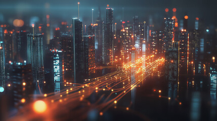 Fototapeta premium Smart Innovation city with connection cyber security network reciprocity over the night cityscape future wireless digital city and social media networking systems that connects people in the city