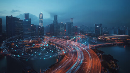 Fototapeta premium Smart Innovation city with connection cyber security network reciprocity over the night cityscape future wireless digital city and social media networking systems that connects people in the city