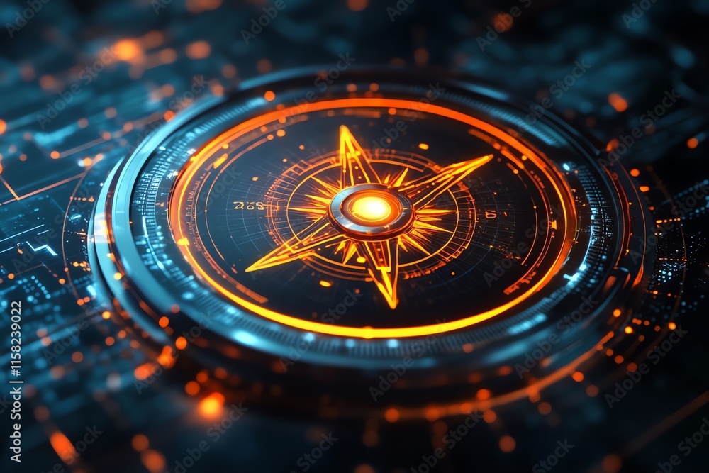 Poster a glowing orange compass design on a digital background, symbolizing navigation and technology.