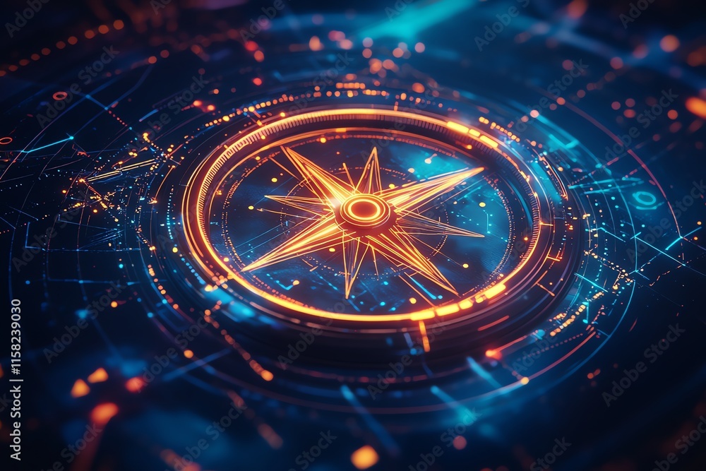 Aufkleber A digital compass design with glowing lines and shapes, symbolizing navigation and exploration.