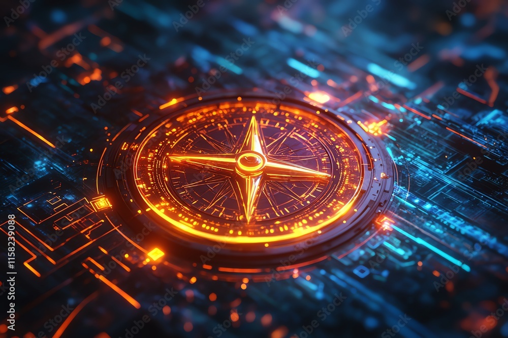 Poster A glowing compass on a digital circuit background, symbolizing navigation and technology.