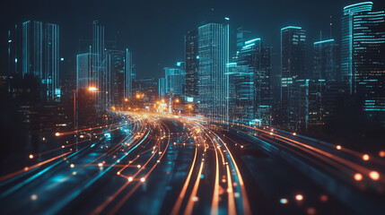 Smart Innovation city with connection cyber security network reciprocity over the night cityscape future wireless digital city and social media networking systems that connects people in the city