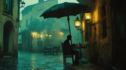 A solitary figure sits under an umbrella in a rainy, dimly lit street, evoking a sense of solitude.