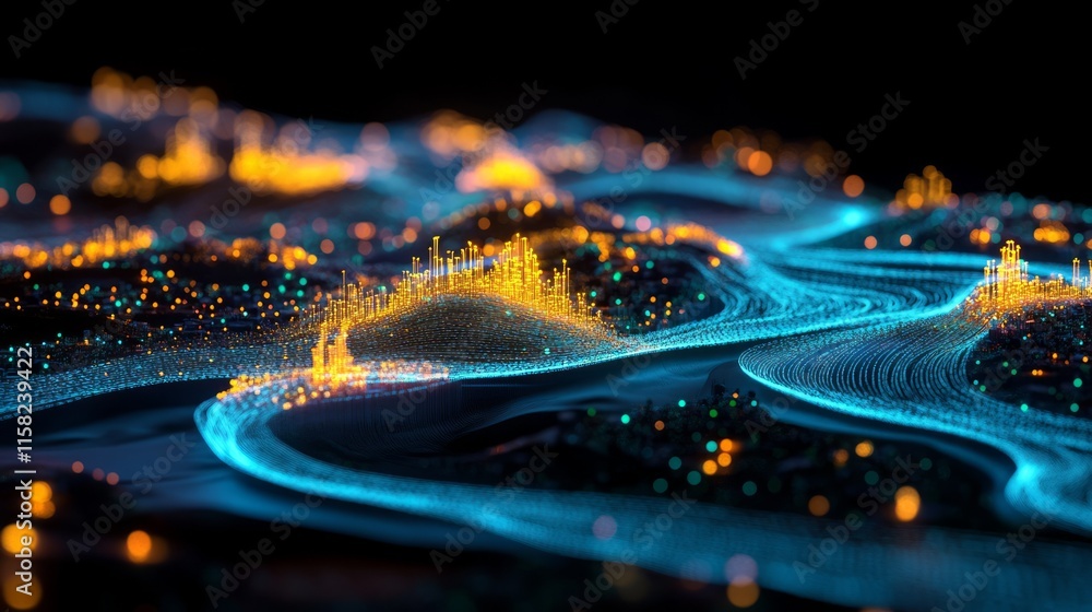 Poster abstract digital cityscape data flow visualization