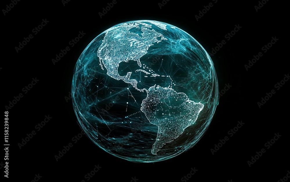 Poster futuristic global network, earth with data lines and cyber technology systems, realtime communicatio