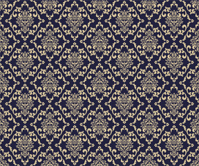 Floral pattern. Wallpaper baroque, damask. Seamless background. Gold and black blue ornament