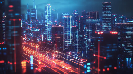 Smart Innovation city with connection cyber security network reciprocity over the night cityscape future wireless digital city and social media networking systems that connects people in the city