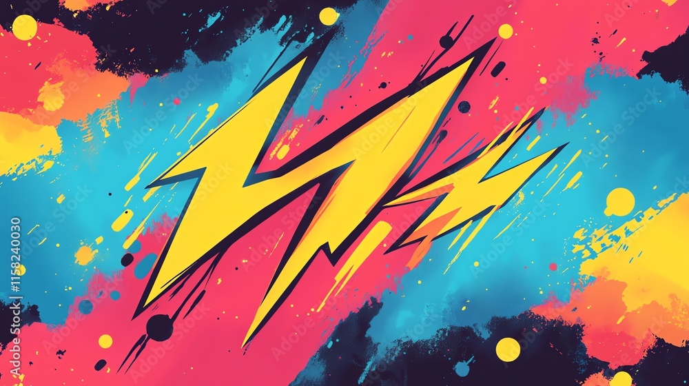 Poster a vibrant abstract design featuring bold yellow lightning shapes against a colorful background.