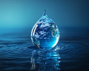 Global water conservation theme, Earth in the shape of a water droplet, blue oceans, water saving, nature protection, awareness of clean water, vibrant and impactful digital art