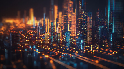 Obraz premium Smart Innovation city with connection cyber security network reciprocity over the night cityscape future wireless digital city and social media networking systems that connects people in the city