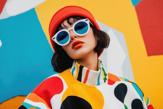 Fashionable portrait of a woman in vibrant, colorful streetwear with bold sunglasses