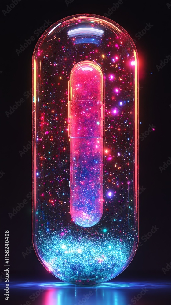 Poster a glowing capsule filled with shimmering particles in a vibrant cosmic setting.
