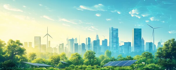 Sustainable development and ecofriendly city, renewable energy systems, solar panels, wind turbines, clean tech, green spaces, nature conservation, AIgenerated design