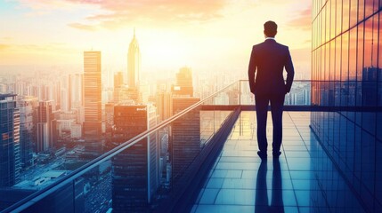 A businessman gazes over a city skyline at sunset, symbolizing ambition and opportunity.