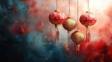 Fototapeta premium Celebrate chinese new year with vibrant golden coin decorations in a watercolor background for a festive atmosphere