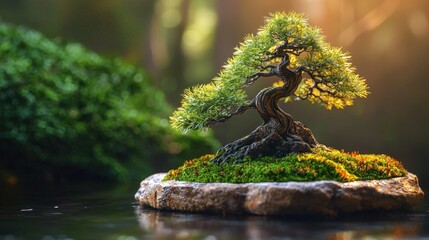 Fototapeta premium A serene bonsai tree on a moss-covered stone in a tranquil water setting.