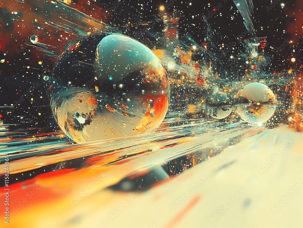 Aufkleber A vibrant cosmic scene depicting abstract spheres and dynamic light patterns in space.