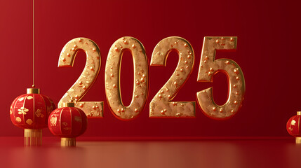 Elegant 3D Gold 2025 Numbers with Traditional Chinese Lanterns on Red Background - Perfect for Lunar New Year and Festive Celebrations!