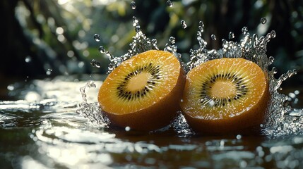 Two halved kiwis splashing in water, showcasing freshness and vibrant colors.