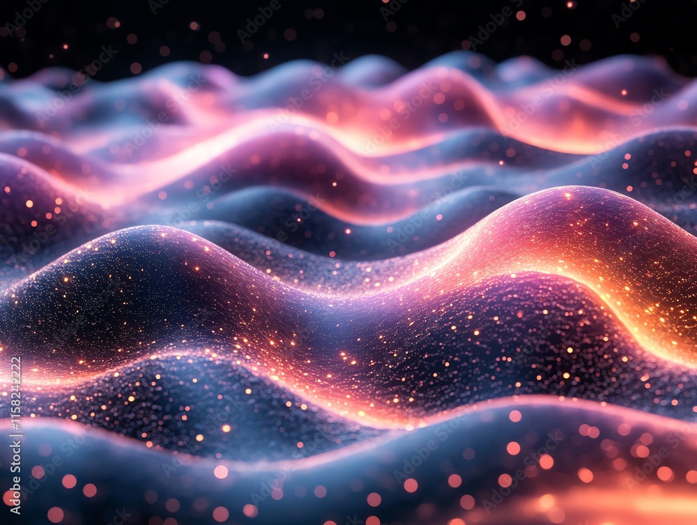 Poster Abstract waves with glowing particles create a mesmerizing digital landscape.