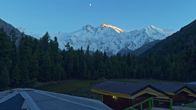Beautiful View of Nanga Parbat at Dusk in Summer from Fairy Meadows, Pakistan