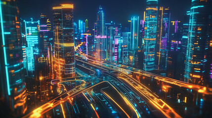 Fototapeta premium Smart Innovation city with connection cyber security network reciprocity over the night cityscape future wireless digital city and social media networking systems that connects people in the city
