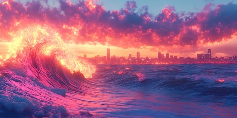 A vibrant sunset over waves, illuminating a city skyline with dramatic clouds.