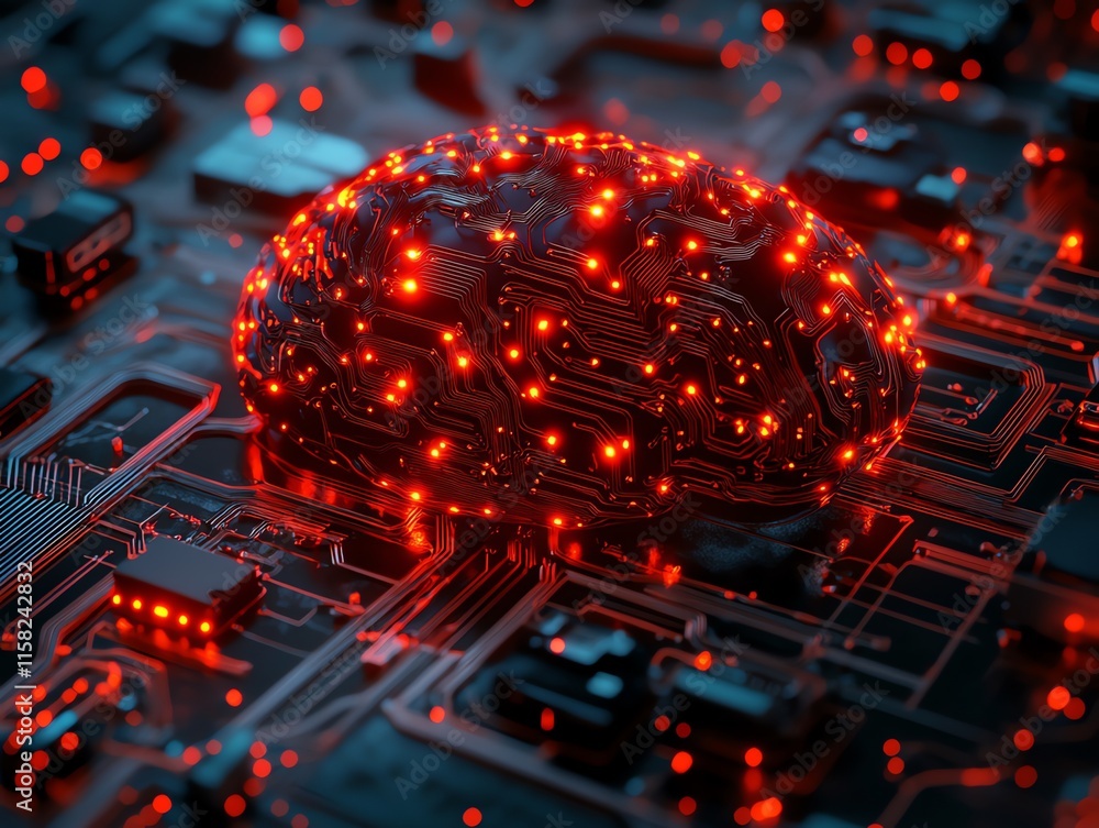 Poster a glowing brain made of circuitry on a dark background, symbolizing artificial intelligence.