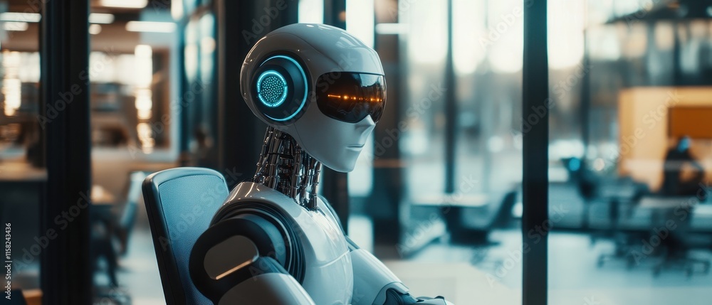 Poster advanced humanoid robot seated in a modern office setting during daylight hours