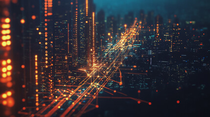 Obraz premium Smart Innovation city with connection cyber security network reciprocity over the night cityscape future wireless digital city and social media networking systems that connects people in the city