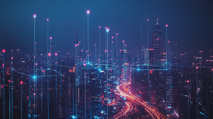 Smart Innovation city with connection cyber security network reciprocity over the night cityscape future wireless digital city and social media networking systems that connects people in the city