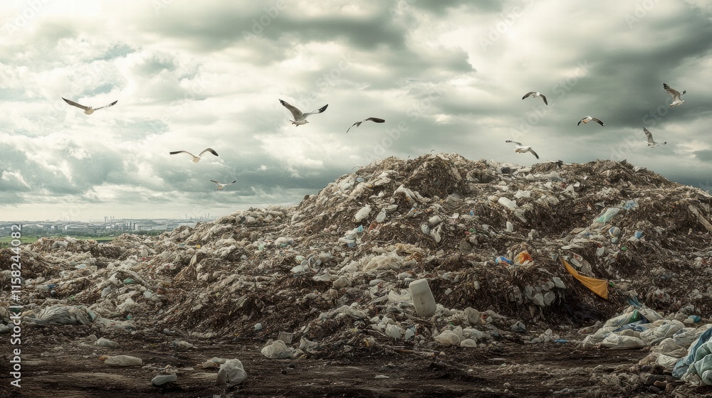 Poster seagulls soaring over a massive landfill under a moody sky with ample space for text and environment