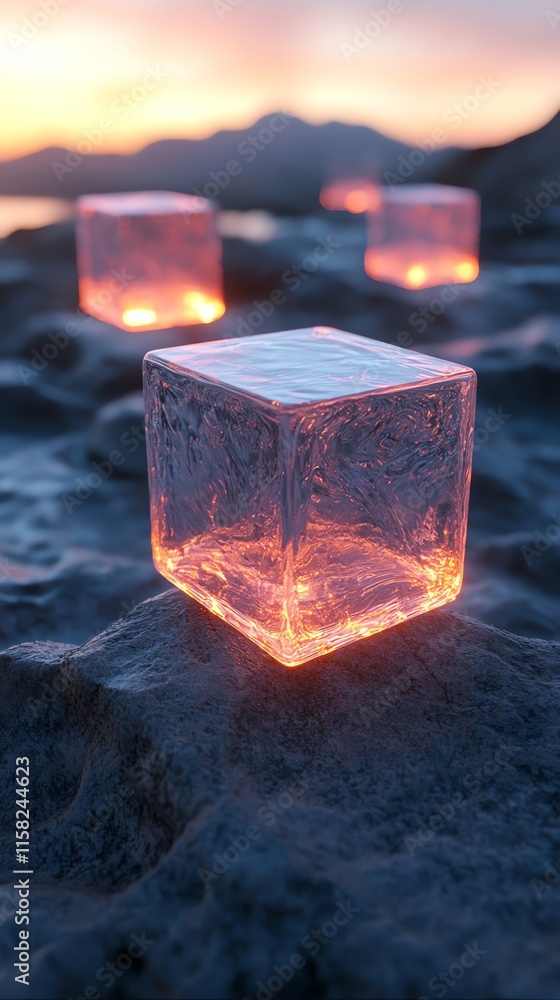 Poster glowing ice cubes on a rocky surface at sunset, creating a serene and enchanting atmosphere.