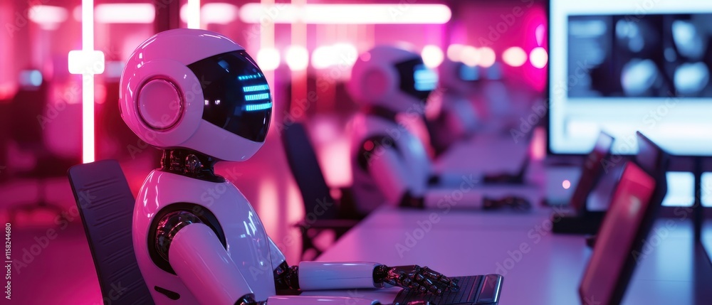 Poster advanced robots working at futuristic computer stations in a neon-lit office environment
