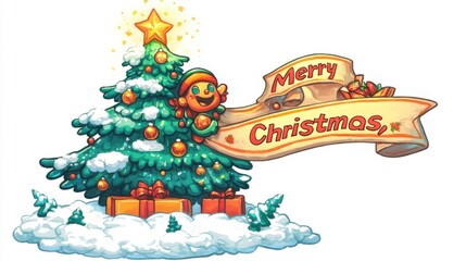 Cartoon Christmas Tree with Merry Christmas Banner