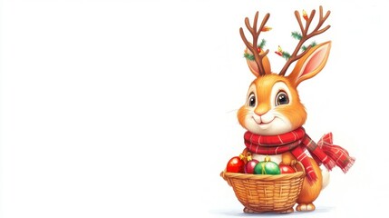 Naklejka premium Cheerful Rabbit with Antlers and Basket of Ornaments