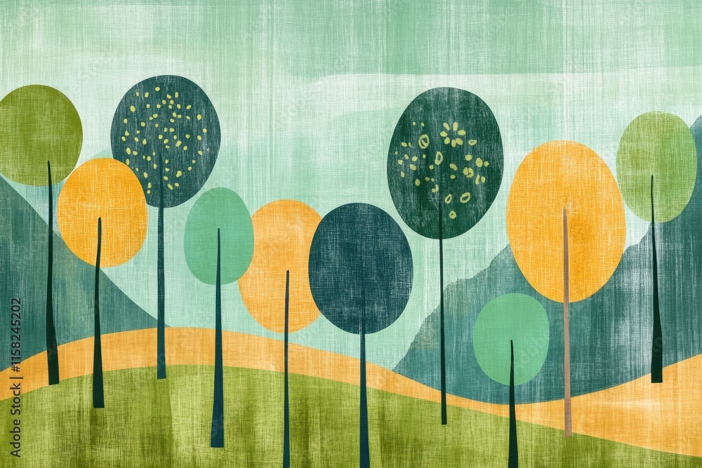 Poster Naive art style landscape featuring colorful trees and hills suitable for text placement. Generative AI