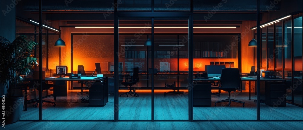 Poster modern office workspace featuring colorful lighting and sleek computer setups at dusk for enhanced c